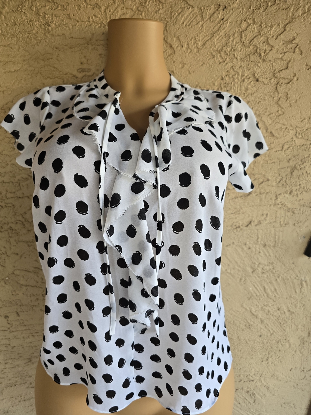 Liz Claiborne Black & White Polka Dot Ruffle Tie-Neck Blouse